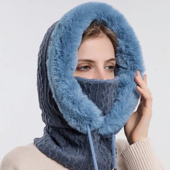 Blue Faux fur trimmed Panel Drawstring Hat winter - Picture 3 of 6